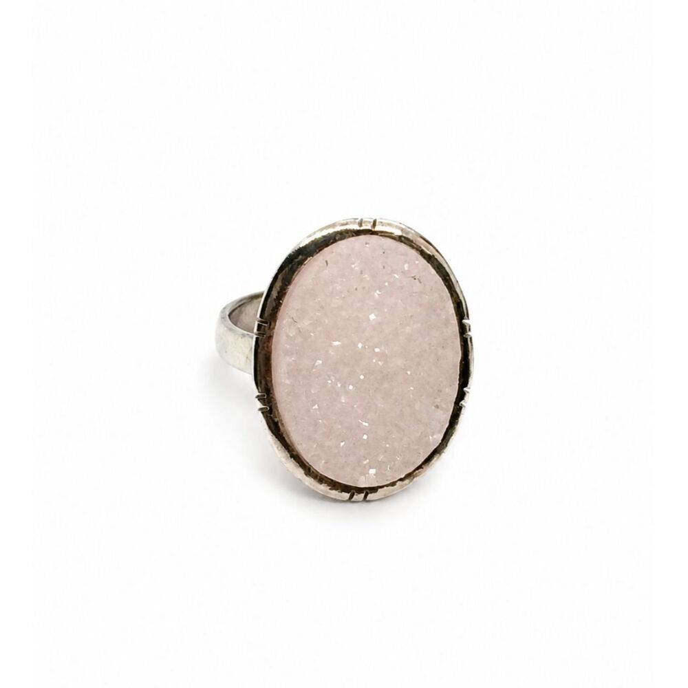 STERLING SILVER DRUSY Ring Pink Quartz Oval Statement Size 5